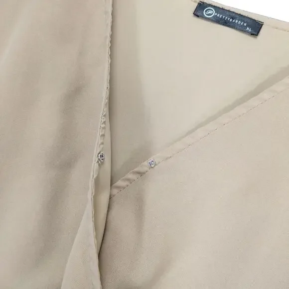 Pretty Garden Women's XL Beige Pleated Wrap Maxi Dress Short Puff Sleeves V-Neck - Picture 5 of 7